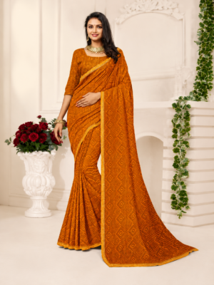 Mustard Yellow Geometric Printed Saree with Golden Border
