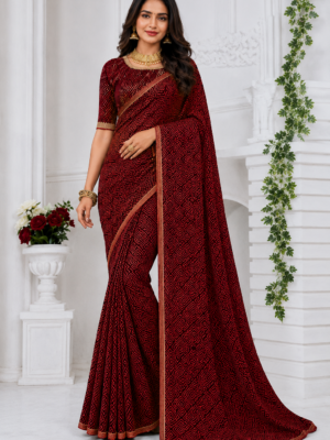 Maroon & Black Geometric Printed Saree with Golden Border