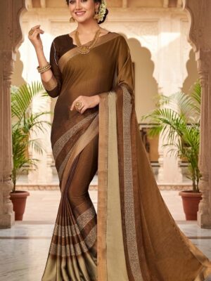Golden Pashmina Saree with Ornate Coffee Brown Border