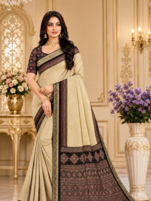 Golden Pashmina Saree with Ornate Blue Border
