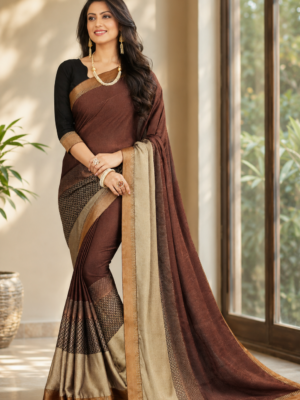 Golden Pashmina Saree with Ornate Brown Border