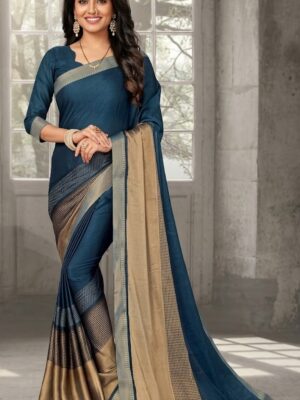 Golden Pashmina Saree with Ornate Sky Blue Border