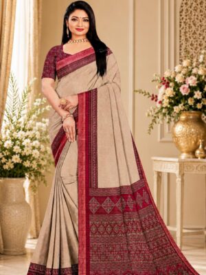 Golden Pashmina Saree with Ornate Red Border