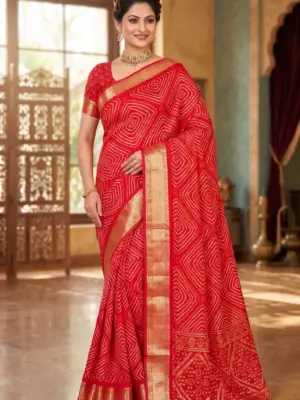 Elegant Dola Jacquard Printed Saree with Blouse Piece - RED