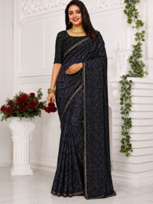 Navy Blue Geometric Printed Saree with Elegant Golden Border