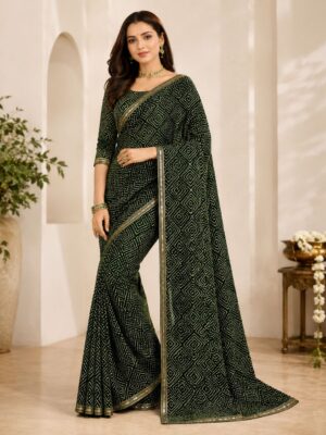 Dark Green Geometric Printed Saree with Golden Border