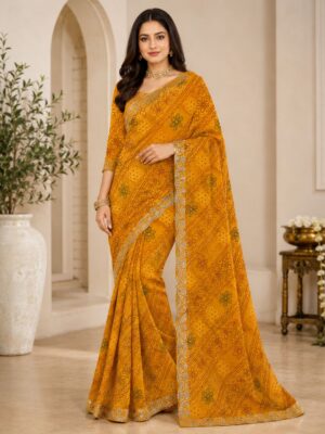 Mustard Yellow Floral Bandhani Print Saree with Embroidered Lace Border