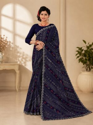 Navy Blue Floral Bandhani Print Saree with Embroidered Lace Border