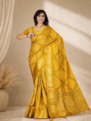 Elegant Dola Jacquard Printed Saree with Blouse Piece - Yellow